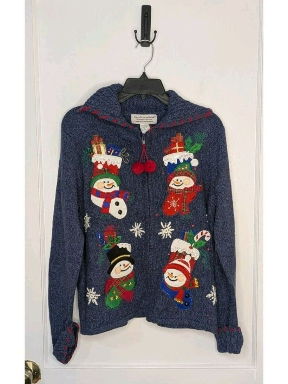 NWT Sz Large Tiara International Christmas Snowman Stocking Blue Zip Sweater
